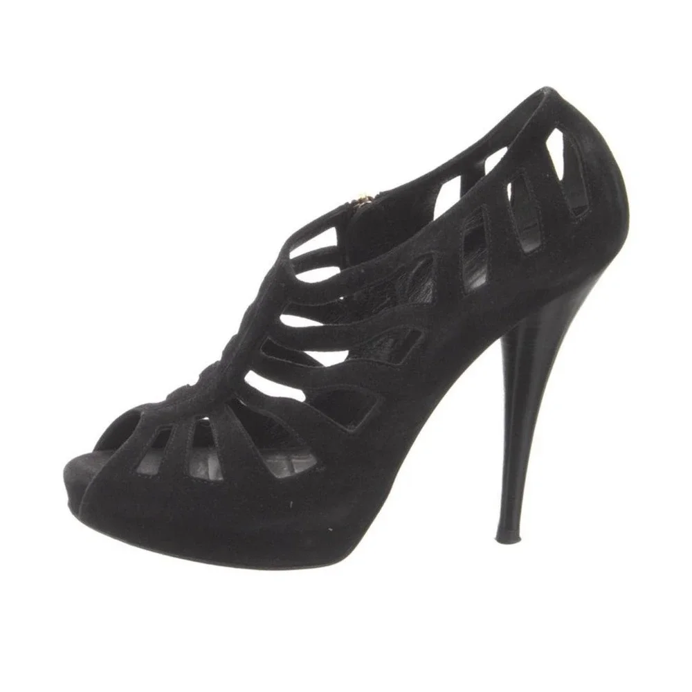 - Fendi Suede Goth Heels Sandals Black Booties W/Gold‎ Accents Dark Academia